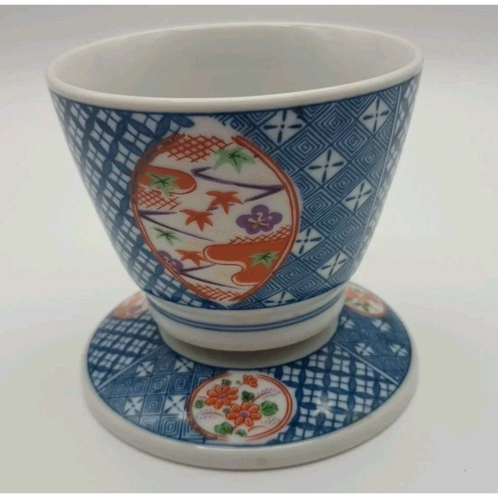 Vtg Imari Teacup With Lid Blue White Red Floral